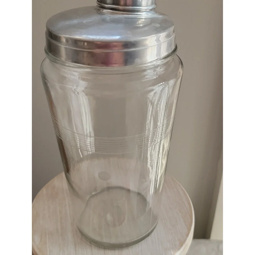 Vintage Mid Century Etched Glass Cocktail Shaker With Stainless Steel Lid